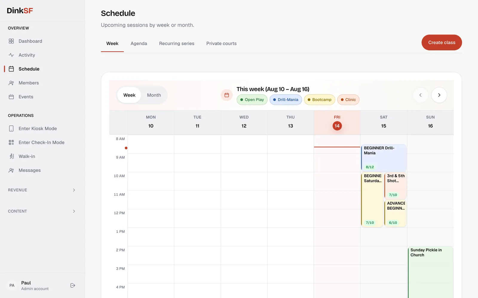 Admin week calendar with color-coded programs, fill counts, and a create class button
